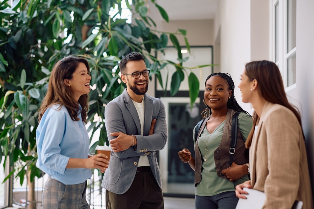 Team communicating in the office.