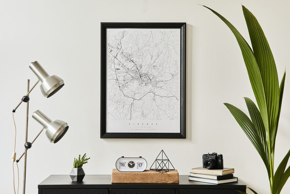 framed map in a living room